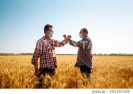 Farmers in sterile medical masks on his face greet their elbows on a wheat field. Elbow bump. 102291599