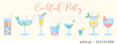 Summer Cocktails set with lemon, berry, mint, ice and straw. Party, pub, restoraunt or club element. fresh and cold alcohol coctail. Vector flat illustration, isolated on a white. 102291866