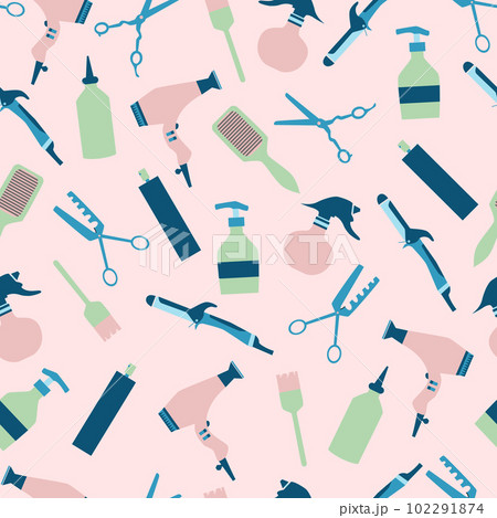 Trendy color hairdresser tools seamless pattern with curling iron, hair blow, comb, bruh and hair spray. Flat illustration. 102291874