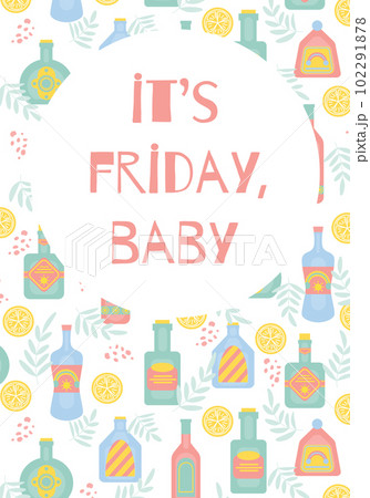 It's friday baby concept with different bottles of alcohol drinks. Party, pub, restoraunt or club banner. alcohol coctail. Vector illustration 102291878