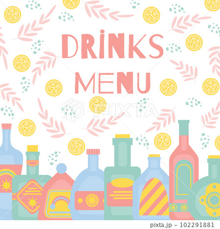 Bar menu concept with different bottles of alcohol drinks. Party, pub, restoraunt or club banner. alcohol coctail. Vector illustration Bar menu concept with different bottles of alcohol drinks. Party, pub, restoraunt or club banner. alcohol coctail. Vector illustration 102291881