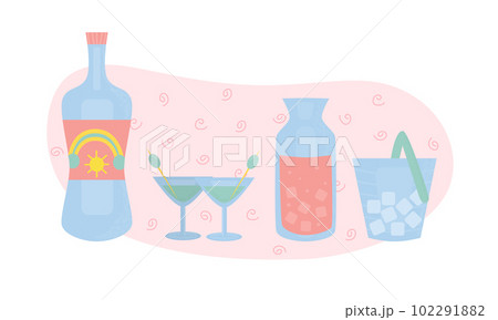 Set with martini botle, two glass with olive, ice and juice. Party, pub, restoraunt or club elements. alcohol coctail with vermouth. Vector illustration, isolated on a white background. Set with martini botle, two glass with olive, ice and juice. Party, pub, restoraunt or club elements. alcohol coctail with vermouth. Vector illustration, isolated on a white background. 102291882