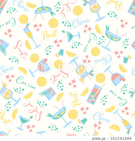 Seamless pattern with cocktails cheers, prost, cin cin, salud, sante words. Party, pub, restoraunt or club element. fresh and cold alcohol coctail. Vector flat illustration, isolated on a white. 102291884