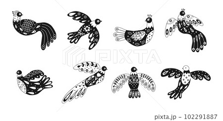 Vector collection of various birds with different folk ornaments. Set in scandinavan style. Ethnic flat illustration with nordic detailed in black and white colors Vector collection of various birds with different folk ornaments. Set in scandinavan style. Ethnic flat illustration with nordic detailed in black and white colors 102291887