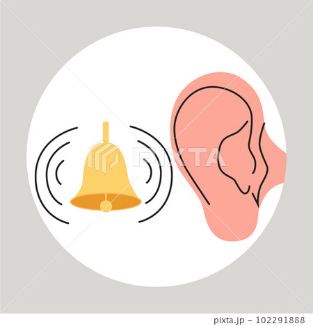 Ringing in the ear. Otitis, tinnitus symptom. Bacteria in the middle ear. Flat vector medical illustration 102291888