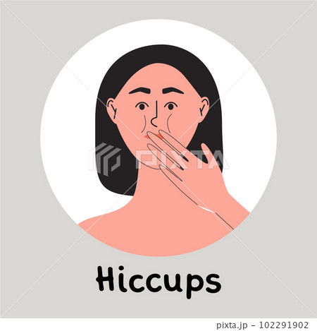 Hiccups concept. Young woman confused and trying to stop hiccups. Female covered her mougth with hand. Flat vector illustration Hiccups concept. Young woman confused and trying to stop hiccups. Female covered her mougth with hand. Flat vector illustration 102291902