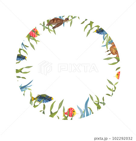 Watercolor frame with turtle, fishes, crab, weeds isolated on white background. Illustration for wallpaper, print, scrapbooking, postcard design, invitation templates, logo. Watercolor frame with turtle, fishes, crab, weeds isolated on white background. Illustration for wallpaper, print, scrapbooking, postcard design, invitation templates, logo. 102292032