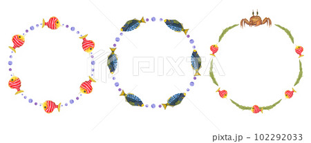 Set of watercolor frames in marine style isolated on white background. Illustration with cartoon fishes, crab for postcard design, different templates, birthday cards, logo, decoration Set of watercolor frames in marine style isolated on white background. Illustration with cartoon fishes, crab for postcard design, different templates, birthday cards, logo, decoration 102292033
