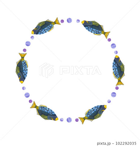 Watercolor round frame with blue fishes isolated on white background. Illustration for wallpaper, print, scrapbooking, postcard design, different invitation templates. Watercolor round frame with blue fishes isolated on white background. Illustration for wallpaper, print, scrapbooking, postcard design, different invitation templates. 102292035