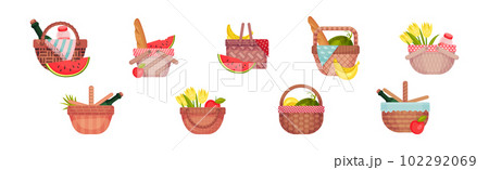 Wicker Picnic Basket or Hamper Full with Foodstuff Vector Set Wicker Picnic Basket or Hamper Full with Foodstuff Vector Set 102292069
