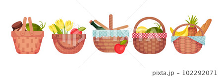 Wicker Picnic Basket or Hamper Full with Foodstuff Vector Set 102292071