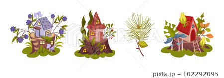 Forest Botany Element with Fairy House on Tree Stump and Twig Vector Set 102292095