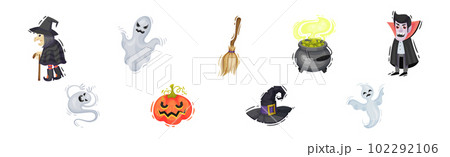 Halloween with Creepy Ghost, Witch, Broom, Vampire and Pumpkin Vector Set Halloween with Creepy Ghost, Witch, Broom, Vampire and Pumpkin Vector Set 102292106