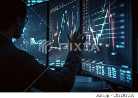 an analyst analyzing business, corporate data management, business analytics with charts, metrics and key performance indicators of securities pricing, fully generated using Ai 102292310