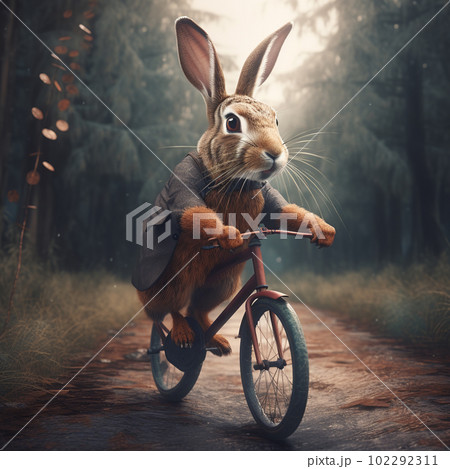 A hare rides a bicycle on a forest path, completely generated by Ai 102292311
