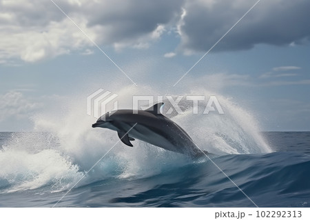 Dolphins play near the shore jumping out of the water with splashes of water and sand, Generated by Ai 102292313