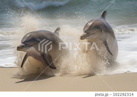 Dolphins play near the shore jumping out of the water with splashes of water and sand, Generated by Ai 102292314