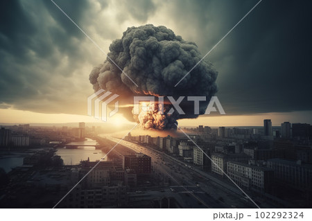 Nuclear bomb explosion in a major city, nuclear war, fully generated by Ai Nuclear bomb explosion in a major city, nuclear war, fully generated by Ai 102292324