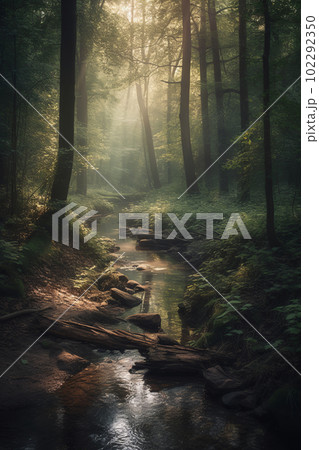 A small river flowing through the forest, forest landscape, Generated by Ai 102292350