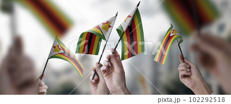 A group of people holding small flags of the Zimbabwe in their hands A group of people holding small flags of the Zimbabwe in their hands 102292518