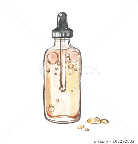 Bottle cosmetic oil with drops facecare isolated on white background. Watercolor hand drawn illustration. Art for design 102292632