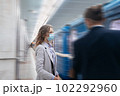 young woman in protective mask standing at subway station. 102292960