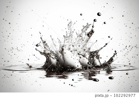 Water splash with beautiful drops flying away. Liquid motion background. Generated AI. 102292977