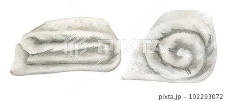 Set of Towels on isolated background. Hand drawn watercolor illustration of white folded bath textile cotton Cloth for Bathroom. Drawing of soft washcloth for Spa salon design. Napkin for body care. Set of Towels on isolated background. Hand drawn watercolor illustration of white folded bath textile cotton Cloth for Bathroom. Drawing of soft washcloth for Spa salon design. Napkin for body care. 102293072