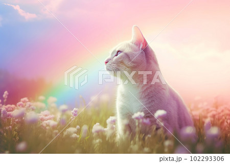 Cute pet cat goes to rainbow. Metaphor for pet's departure to afterlife. Generative AI illustration Cute pet cat goes to rainbow. Metaphor for pet's departure to afterlife. Generative AI illustration 102293306