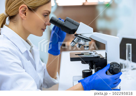 Caucasian scientist working in lab, making microbiology research, using laboratory tools microscope. 102293818