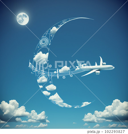 Airplane draw notes on blue sky with white trace, abstract musical illustration 102293827