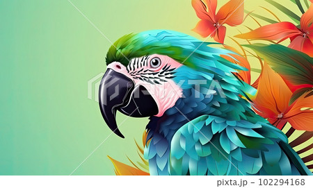 Tropical wallpaper banner with exotic parrot on vivid background. Generative AI 102294168