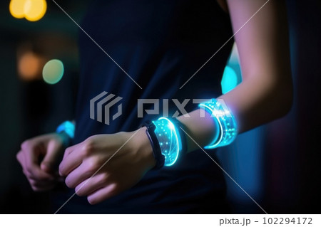 Futuristic smart watch on human hand. Generqative AI 102294172