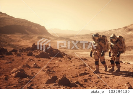 Astronauts wearing space suits walking on red planet. Generative AI 102294189