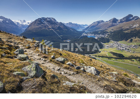 View Above St Moritz from Muottas Muragl of Upper Engadine, Graubunden, Switzerland 102294620