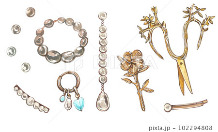 Pearl jewelry hairpin, bracelet, scissors isolated on white. Watercolor hand drawing style illustration. Art for design 102294808