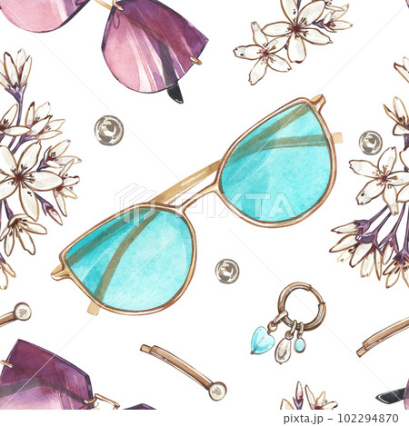 Seamless pattern color sunglasses, flowers, earring isolated on white. Watercolor handrawn illustration. Art for design Seamless pattern color sunglasses, flowers, earring isolated on white. Watercolor handrawn illustration. Art for design 102294870