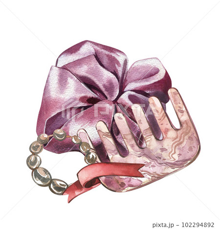 Hair comb gua sha, bow, pearl bracelet isolated on white background. Watercolor hand drawn illustration. Art for design Hair comb gua sha, bow, pearl bracelet isolated on white background. Watercolor hand drawn illustration. Art for design 102294892