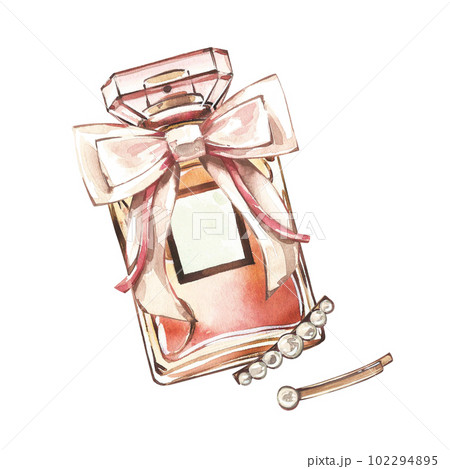 Golden glass perfume bottle with silk bow, hairpin isolated on white. Watercolor hand drawn illustration. Art for design Golden glass perfume bottle with silk bow, hairpin isolated on white. Watercolor hand drawn illustration. Art for design 102294895