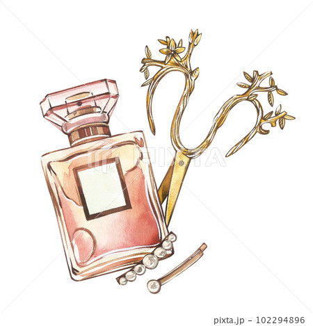 Golden glass perfume bottle with hairpin, scissors isolated on white. Watercolor hand drawn illustration. Art for design Golden glass perfume bottle with hairpin, scissors isolated on white. Watercolor hand drawn illustration. Art for design 102294896