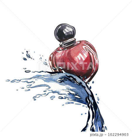 Red glass perfume bottle with water splashing isolated on white background. Watercolor handrawn illustration. Art design Red glass perfume bottle with water splashing isolated on white background. Watercolor handrawn illustration. Art design 102294903