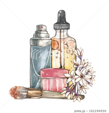 Cream, oil skin care, brush, flowers isolated on white background. Watercolor hand drawing illustration. Art for design Cream, oil skin care, brush, flowers isolated on white background. Watercolor hand drawing illustration. Art for design 102294930