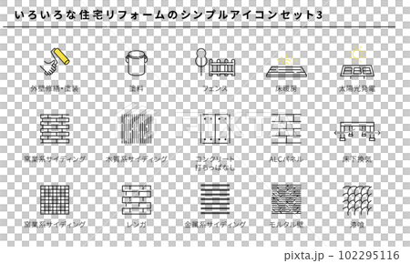 いろいろな住宅リフォームのシンプルアイコンセット3、ベクター 102295116