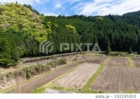 曽爾巾着山公園から見た風景　青蓮寺川の低地に開けた畑と背後の植林② 102295853