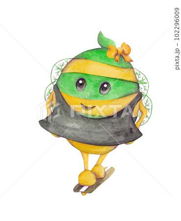 The bee is riding a skateboard. Cartoon isolated illustration. Watercolor drawing 102296009