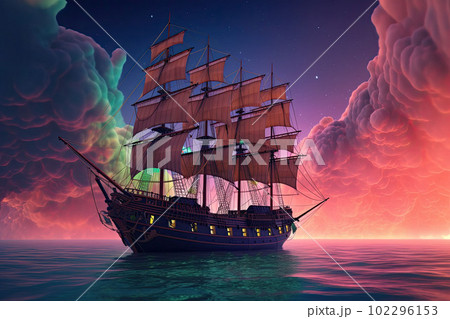 Old magic frigate flying on colorful clouds....のイラスト素材 [102296153] - PIXTA