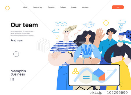 Memphis business illustration - our team, header. Flat style modern outlined vector concept illustration. Group of people, creaw, standing together. Corporate teamwork business metaphor. 102296690