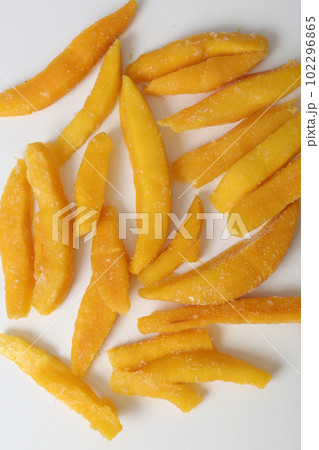 slices of yellow mango closeup photo in plate on white background 102296865