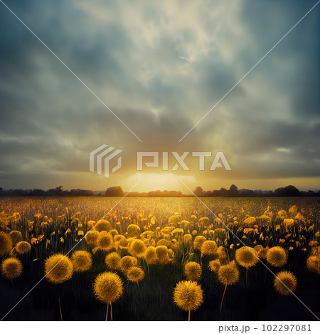 Dandelion meadow at dawn. Yellow dandelion field under a cloudy sky. AI-generated 102297081