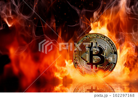 The golden bitcoin cryptocurrency, heated to red, is engulfed in flames at the peak of volatility, Generated by Ai The golden bitcoin cryptocurrency, heated to red, is engulfed in flames at the peak of volatility, Generated by Ai 102297168